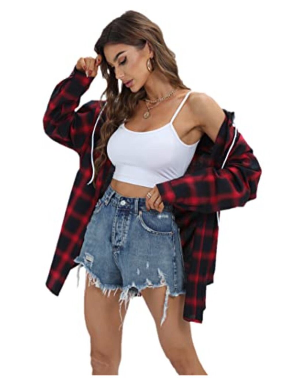 Flannel Hooded Shirt Plaid Button Down Oversized Long Sleeve Top